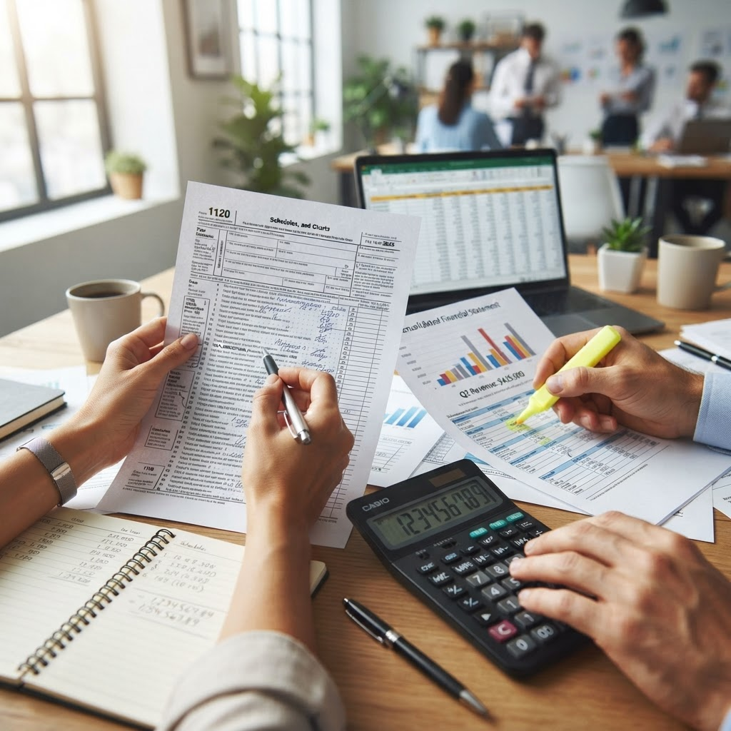 Manos analizando documentos fiscales con una calculadora